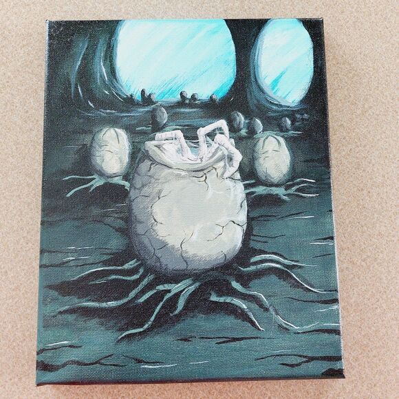 Hand Painted Original Alien Hatching Xenomorph Egg Horror Art Painting 8x10" - Picture 1 of 9